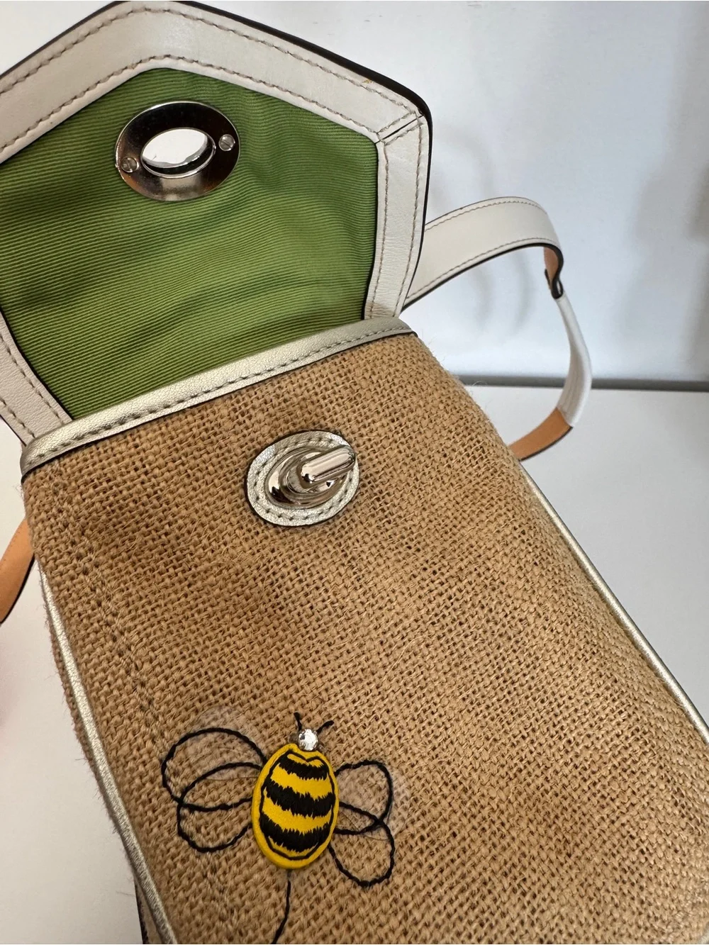 Coach Limited Edition Bumble Bee Floral Tote with White Trim and Green Interior